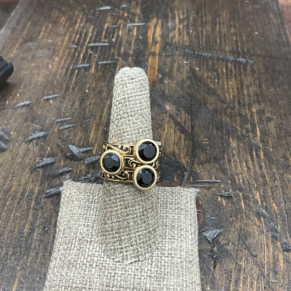 Barse Glisten Stack Ring Trio- Faceted Black Onyx- Bronze- 8-NWT